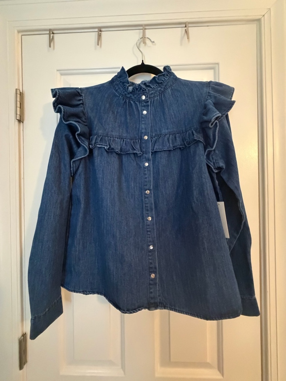 Fate Denim Ruffle Button-Down Top - Blue